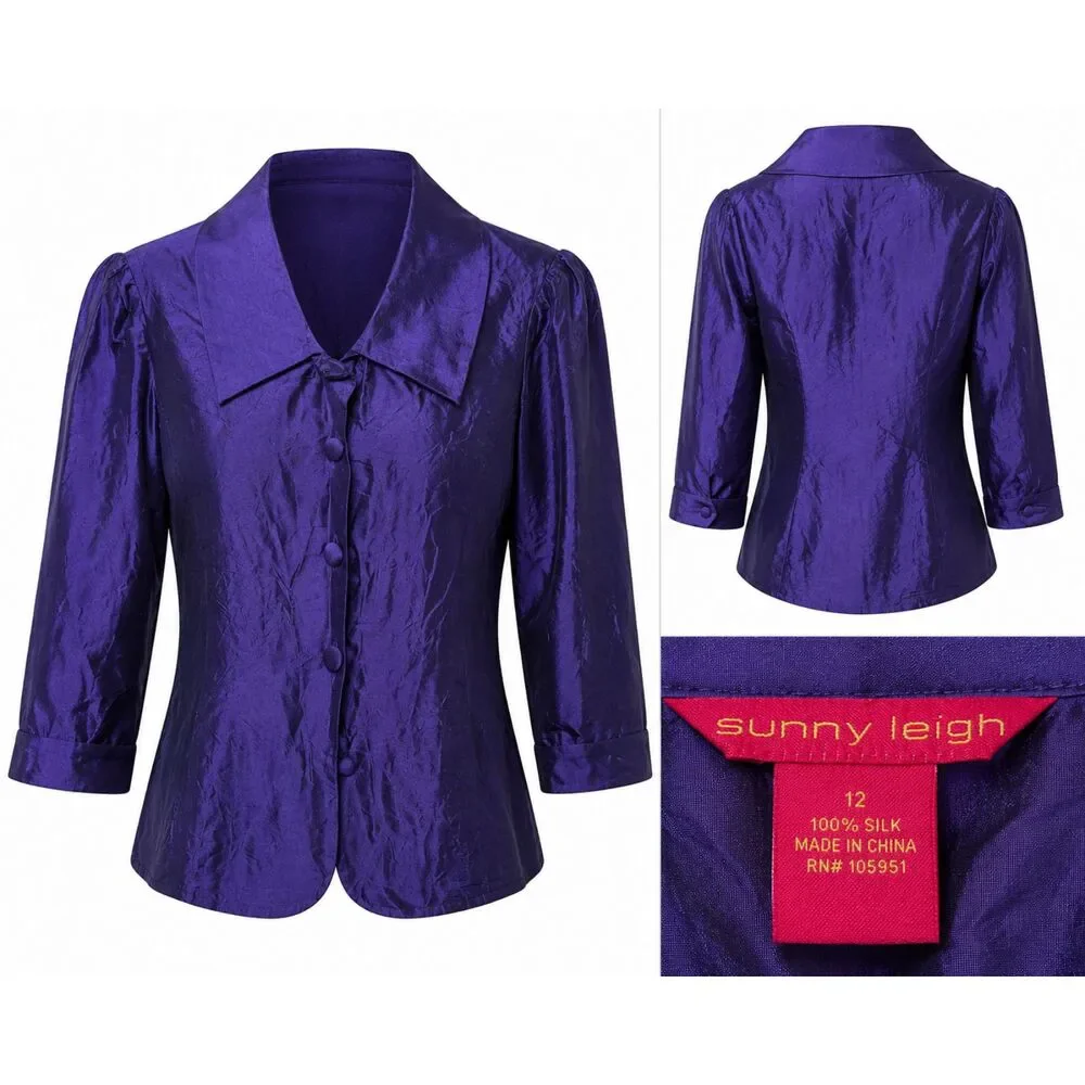 Sunny Leigh 100% Silk Purple Shimmer Blouse Women's Size 12 3/4 Sleeve
